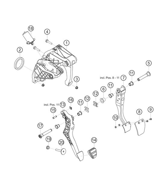 Diagram 7.7-01 Porsche Cayman S 3.4L 987C 2005-08 Sistema a leva manuale, gruppo pedali