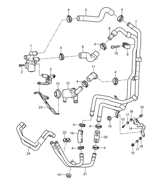 Heating with Auxiliary air conditioner and Auxiliary heater / Feed line / Return line / Valve Until / Engine (PR:7VE,7VL,9AH) Cayenne 9PA (955) 2003-06