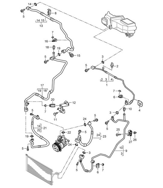 Refrigerant circuit with Auxiliary air conditioner (PR:D9J,9AH) - Front - Cayenne 9PA (955) 3.2L 2003-06