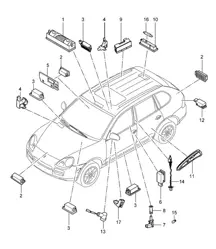 Luci interne / Lampada vano motore / Lampada vano bagagli / Luce protezione portiera / Luce vano piedi / Luce / Specchietto retrovisore Cayenne 9PA (955) 2003-06