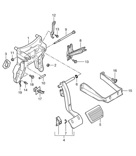 Diagram 702-000 Porsche 996 C2 3.4L 1997-08/01 Hand Lever System, Pedal Cluster 