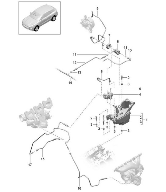 Per modelli con intercooler/serbatoio del vuoto/linea di controllo/linea di pressione (modello: CTMA,CTM, CTLA,CTL, DCNA,DCN, DHKA,DHK) 95B.1 Macan 3.0L / 3.6L 2014-18