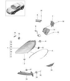 Faros / Faro adicional / Intermitente / Luz de posición lateral / Repetidor de intermitente (PR:601,800) 718 (982) Boxster 2017>> Faros / Faro adicional / Intermitente / Luz de posición lateral / Repetidor de intermitente (PR:601,800) 718 (982) Boxster 2017>>