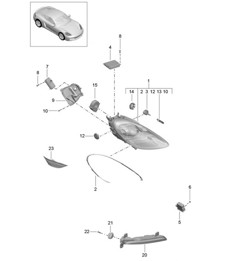 Faros / Faro adicional / Intermitente / Luz de posición lateral / Repetidor de intermitente (PR:602) 718C (982C) Cayman 2017>> Faros / Faro adicional / Intermitente / Luz de posición lateral / Repetidor de intermitente (PR:602) 718C (982C) Cayman 2017>>