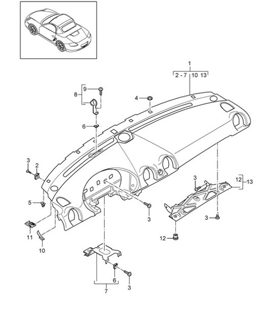 Rivestimento quadro strumenti / Parte superiore / con: Elementi di fissaggio 987.2 Boxster / Boxster S 2009-12