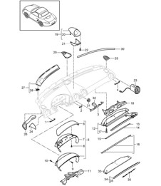 Rivestimento quadro strumenti / Parte superiore / con: Accessori 987.2 Boxster / Boxster S 2009-12 Rivestimento quadro strumenti / Parte superiore / con: Accessori 987.2 Boxster / Boxster S 2009-12