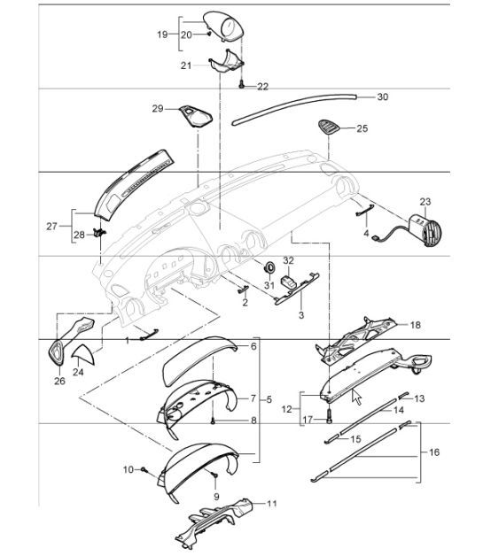 dashboard trim, upper part with accessories 987 Boxster / Boxster S 2005-08
