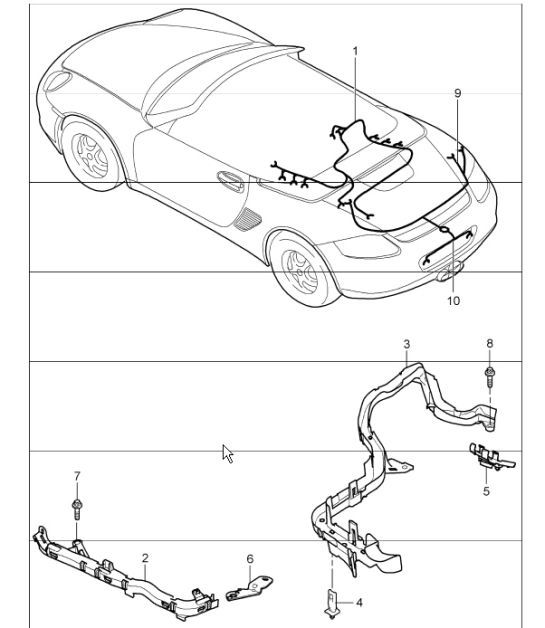 wiring harnesses: engine, rear end, license plate light, ParkAssist, repair kits for shock absorber, anti-lock brake system, brake pad wear indicator and rear axle 987 Boxster / Boxster S 2005-08