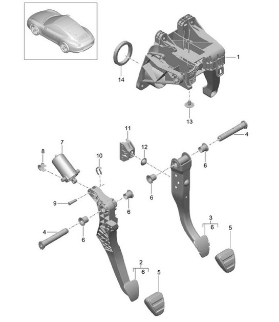 Diagram 702-000 Porsche 997 MKII Carrera C2 3.6L 2009>> Hand Lever System, Pedal Cluster 