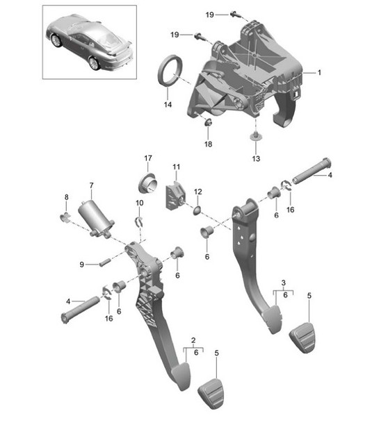 Diagram 702-001 Porsche 997 MKII Turbo 2009>> Hand Lever System, Pedal Cluster 