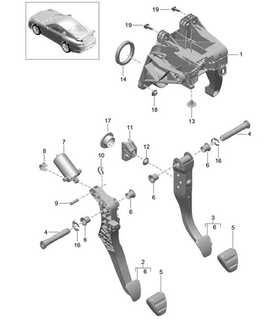 Diagram 702-002 Porsche Cayman S 3.4L 987C 2005-08 Hand Lever System, Pedal Cluster 