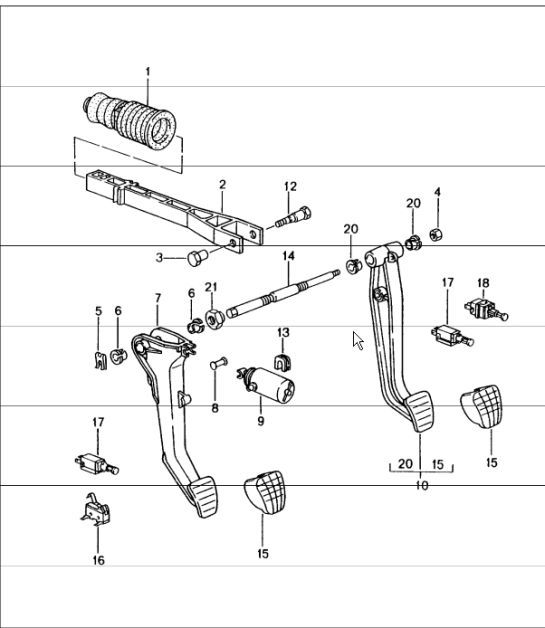 Diagram 702-00 Porsche 996 (911) (1997-2005) Sistema a leva manuale, gruppo pedali 