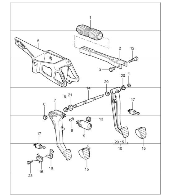 Diagram 702-00 Porsche Cayenne S/GTS 4.8L 2007>> Hand Lever System, Pedal Cluster 