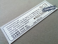 Door Jam VIN-nummer sticker. Porsche 911 1972-73 en 1975 - 91170111211 - CB911.701.112.02, CB91170111202
