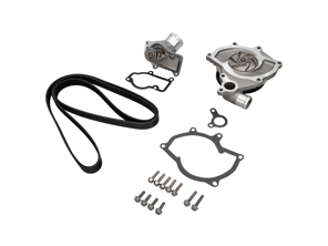 Water pump kit with belt and thermostat. Porsche Boxster 986 / 996 Without A/C (non Turbo) - 99610601155, 996.106.11.55, 99610601156, 99610601157, 99610215165, 99610632650, 99610601360, 99610601151, 99610601153, 99610601154, 99610601361
