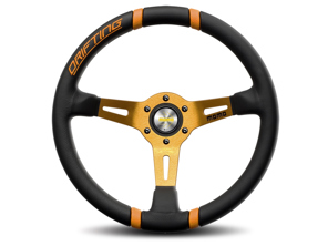 Driftendes Lenkrad - schwarzes Leder / orangefarbene Einsätze - Momo