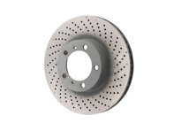 Brake Disc Rotor, Front, drilled-dimpled monoblock, 330x28mm. Porsche 997 MKII / 991 / 981/982 Boxster / 981C/982C Cayman - 99735140101, 99735140201 - PFL39971, PFR39972