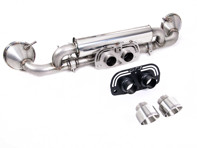 Milltek sports exhaust rear silencer with polished gt-100 tailpipe trims. Porsche 992.1 GT3