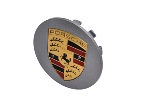Enjoliveur Argent métallisé avec écusson coloré. Porsche 958 Cayenne / 991 / 997 / 987 - 9P1601149AM7Z, 7PP601152AM7Z, 99736130301