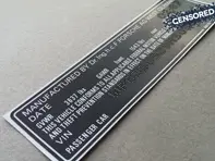 Door Jam VIN Number Decal. Porsche 911 (930) Turbo 1987 - 93070111217