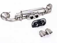 Milltek sports exhaust rear silencer with brushed titanium gt-100 tailpipe trims. Porsche 992.1 GT3