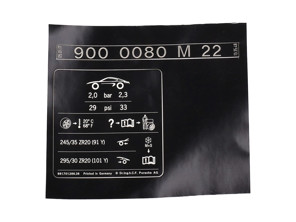 Adhesivo - Placa de datos de presión de neumáticos. Porsche 981 Caimán GT4 2016 - 98170128680, 98170128636