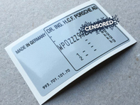 Door Jam VIN Number Label. Porsche 911 (993) ROW  1993–1998 - 99370110180, 99370110170