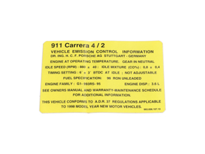 Adhesivo o calcomanía con datos del motor: mercado australiano. Porsche 993 Carrera 1994-98 - 99300610700, 99300610702, 99300610703, 99300610707, 99300610710