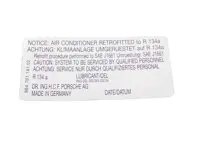 Autocollant de conversion climatisation R134a. Porsche 911 / 964 / 944 / 928 - 96470114102