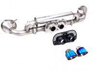 Milltek sports exhaust rear silencer with burnt titanium gt-100 tailpipe trims. Porsche 992.1 GT3