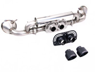 Milltek sports exhaust rear silencer with cerakote black gt-100 tailpipe trims. Porsche 992.1 GT3