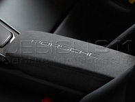 Lid of centre console storage box BLACK ALCANTARA with PORSCHE LOGO. Porsche 991 / 981 Boxster / 981 Cayman - 991553982362W0, 991553982352W0