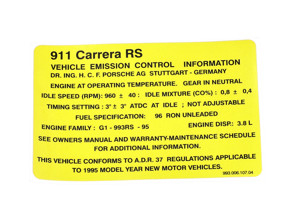 Adhesivo para especificaciones del motor. Porsche 993 Carrera RS - 99300610704