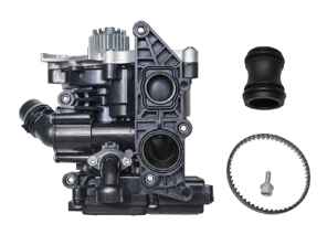 Water pump with thermostat coupling and drive belt. Porsche 95B Macan 2.0L - 95812101200, 95812111100, 95812111110, 95812111111, PAC121111A, PAC121111C, PAC121111B, PAC121012B, 95812160500, 95812113100 - K11235/1C