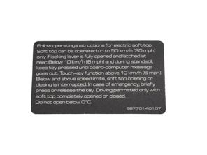 Adesivo di sicurezza per tetto convertibile - Inglese. Porsche 987 Boxster 2005-12 - 98770140107