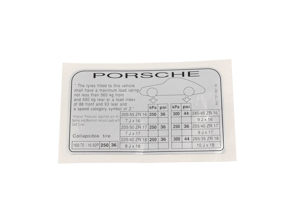 Porsche-Typenschild/-Aufkleber – Reifendruck. Porsche 993 Carrera (Coupe, Targa & Cabriolet) 1996–98 – nur australischer Markt. - 99370128716